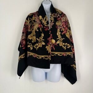 Saldarini Italy Wool Shawl Wrap Scarf Black Baroque Floral Fruit Print Large